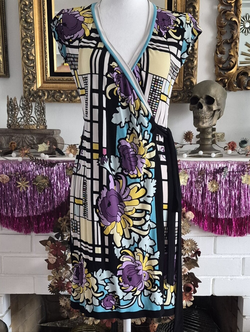 Nicole Miller Black, Purple, Yellow & Blue Geometric Floral Wrap Dress - Picture 4 of 5